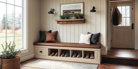 Cozy entryway bench modern home interior design warm atmosphere wide angle