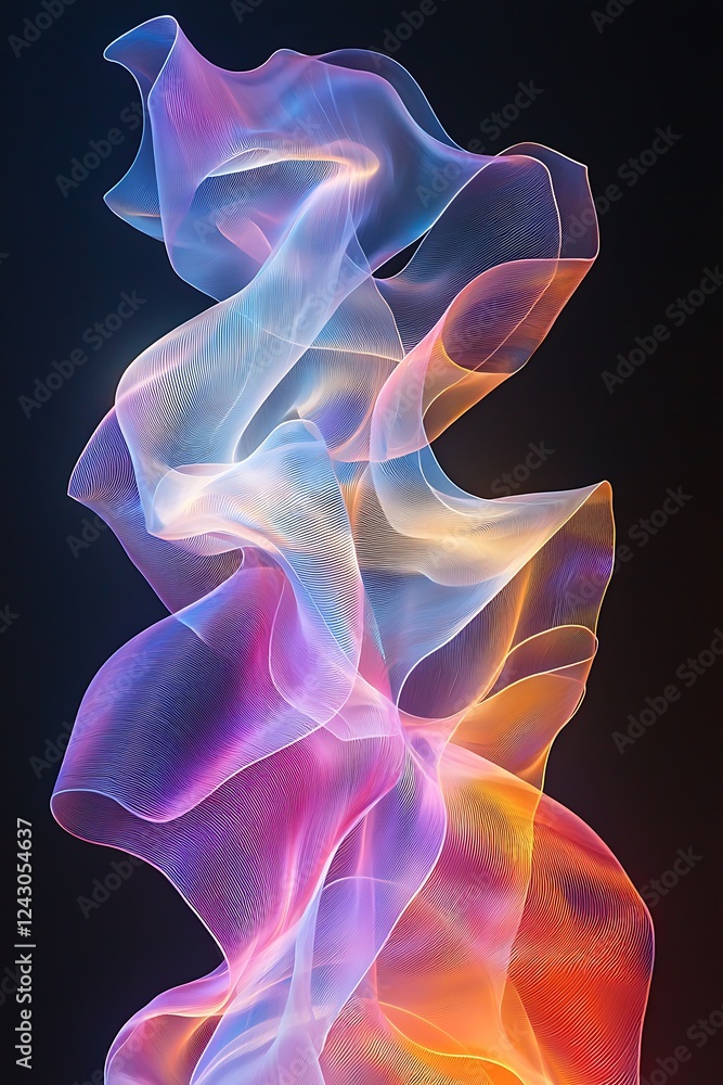 Poster translucent sheets of material curving dynamically, forming a flowing abstract shape, captured in a 