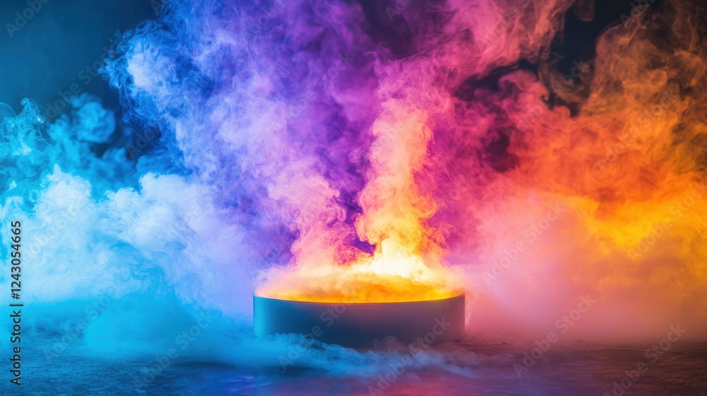 Aufkleber vibrant multicolored smoke swirls around a low cylindrical object, creating a dramatic and colorful 