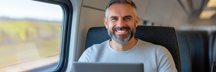 A man is sitting on a train with a laptop in front of him. He is smiling and he is enjoying his time