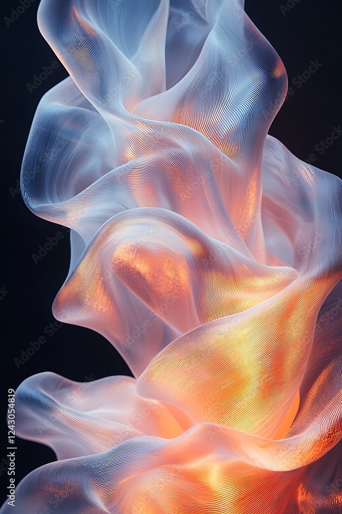 Poster translucent sheets of material curving dynamically, forming a flowing abstract shape, captured in a 