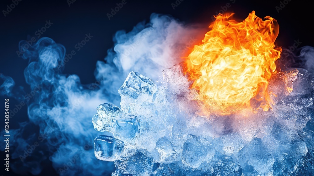 Poster a fireball colliding with a wall of ice, creating steam and a dramatic contrast between elements.