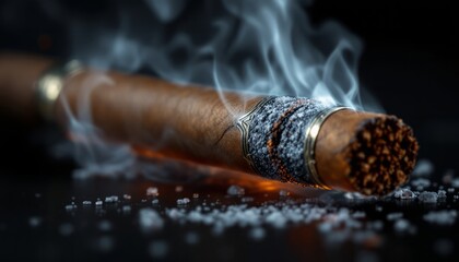 A Burning Cigar Close Up A Smoking Cigar with Ash and Smoke Dark Background Detailed Image of a Premium Cigar