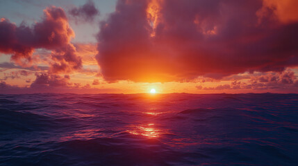 A mesmerizing coastal sunset, dramatic clouds illuminated by the last rays of sunlight, the ocean reflecting fiery oranges and deep blues