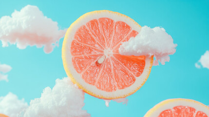 Fototapeta premium Vibrant Lemon Art Amidst Fluffy Clouds and a Bright Sky Showcasing Creative Fruit Representation. Generative AI