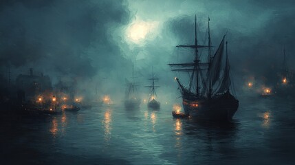 Obraz premium Dark, moody nighttime scene of a fleet of sailing ships at sea under a full moon, shrouded in fog and illuminated by lanterns.
