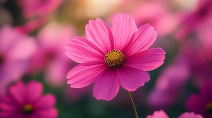 Obraz premium Pink cosmos flower field sunset background, nature beauty