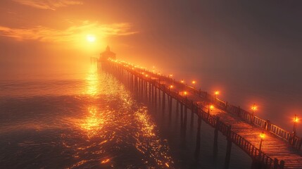 Obraz premium Long pier extending into a misty ocean at sunrise, warm orange and golden light reflecting on the water, aerial view.
