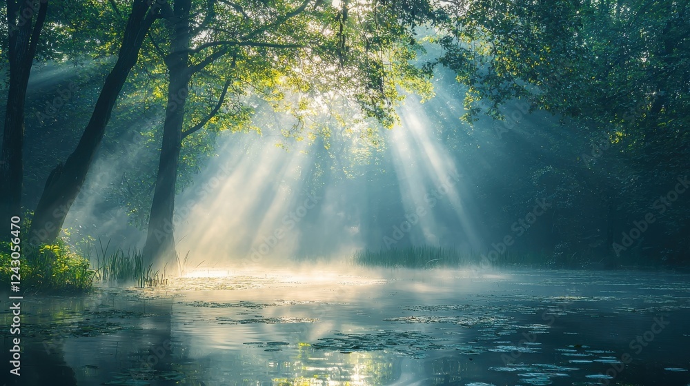 Poster sunbeams illuminate a tranquil forest scene with a calm river reflecting the light, creating a mysti