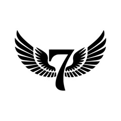 Obraz premium Winged Number 7 Black Logo Design, Black number 7 with symmetrical wings, creating a bold and stylish logo. Ideal for branding, aviation, luck, sports, or business identity. 