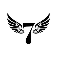 Obraz premium Winged Number 7 Black Logo Design, Black number 7 with symmetrical wings, creating a bold and stylish logo. Ideal for branding, aviation, luck, sports, or business identity. 
