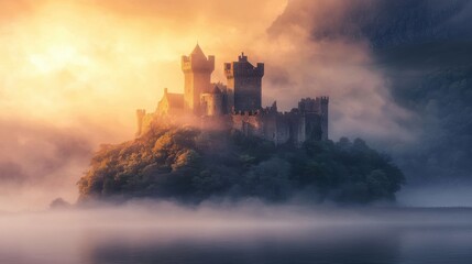 Fototapeta premium Misty sunrise illuminates a medieval castle on a small island, shrouded in fog, serene and magical atmosphere.