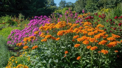 A flourishing perennial plant with blooming flowers in full sunlight, creating an open area for adding design or branding.