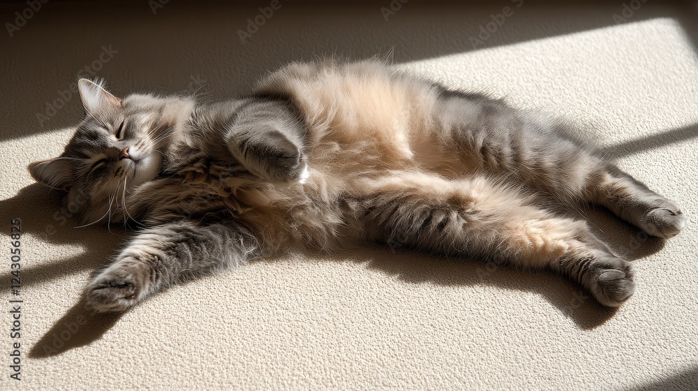 Poster a fluffy gray cat laying in the sun, with ample space for text or other branding elements.