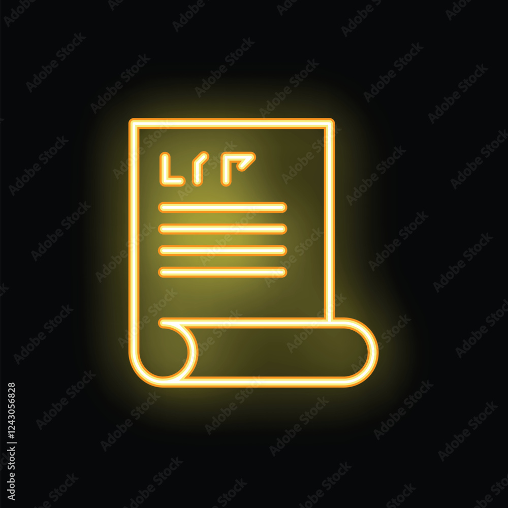 Poster yellow neon icon of a document for user interface on black background