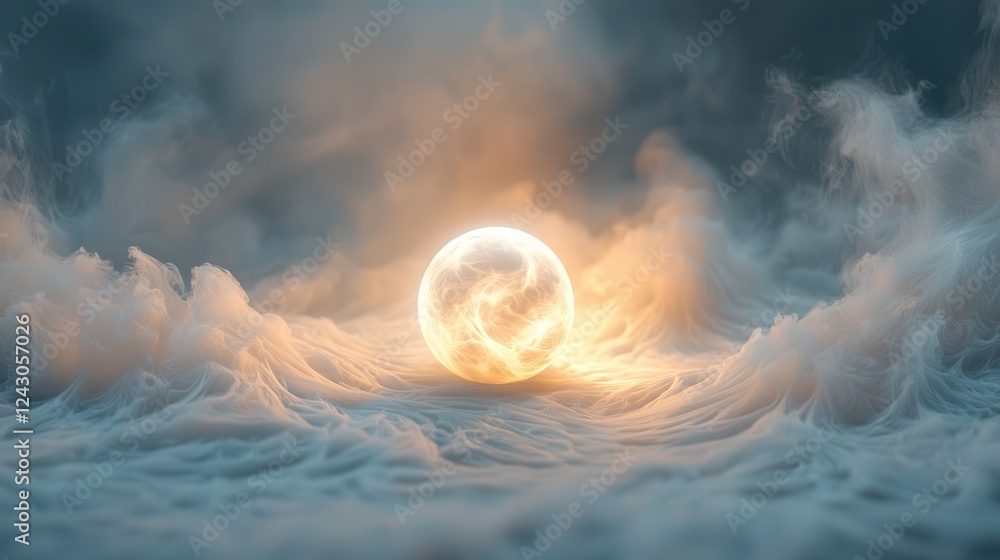 Aufkleber glowing orb rests on a field of soft, white clouds, illuminated by its warm light against a dark, mo