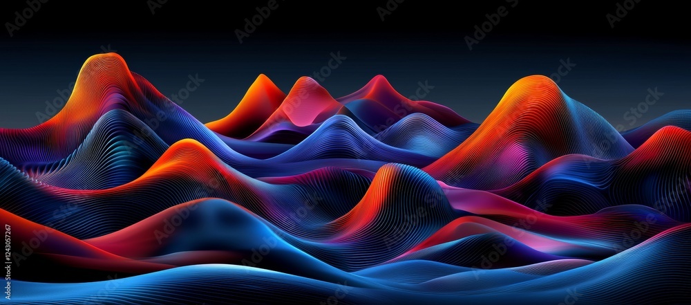 Poster abstract depiction of a flowing iridescent holographic wave in motion, featuring a colorful gradient