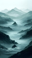 A serene landscape featuring misty mountains and a tranquil sea. The monochromatic palette creates a calming atmosphere, evoking feelings of peace and solitude.