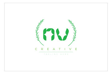 NV letters eco logo with leaf. Fresh nature and healthy leaf logo design.