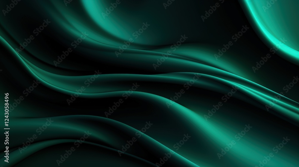 Poster dark green waves of silk texture with smooth flowing curves and elegant shades for background and de