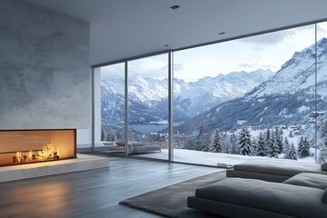 Modern living room with fireplace overlooking snowy mountain landscape