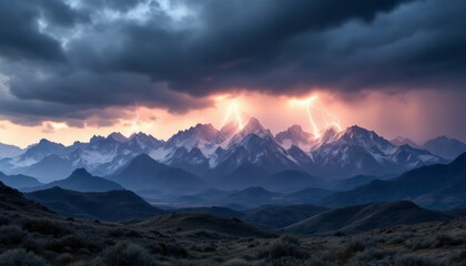 Obraz premium Majestic Mountain Range at Sunset with Dramatic Lightning Strikes