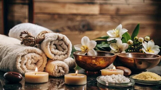 Spa still life with towels, sea salt and candles on dark background