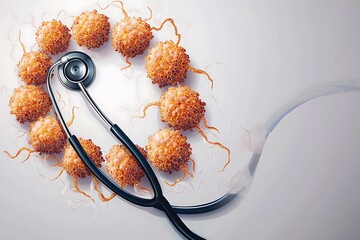 An artistic vector illustration of a stethoscope forming a ring around a series of organic cells, illustrating cellular health and biology on World Health Day,