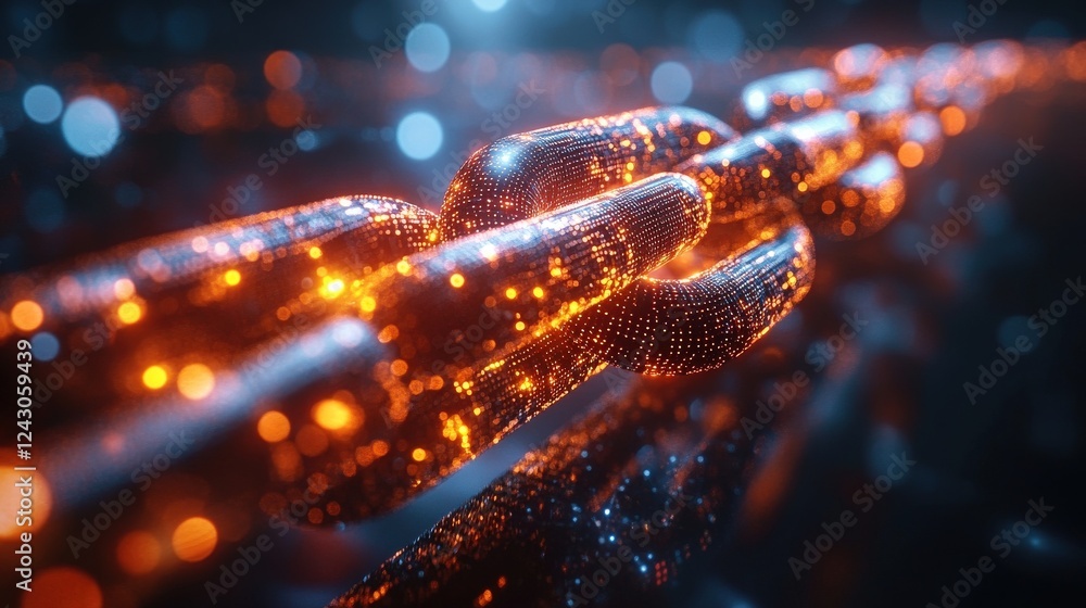 Poster glowing digital chain link representing blockchain technology with a futuristic background