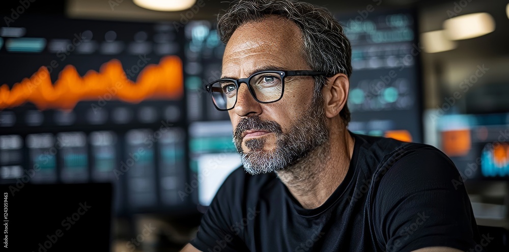 Poster a market analyst works in a dark control room, closely observing financial graphs and data analytics