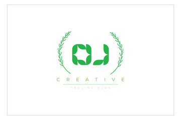 OJ letters eco logo with leaf. Fresh nature and healthy leaf logo design.