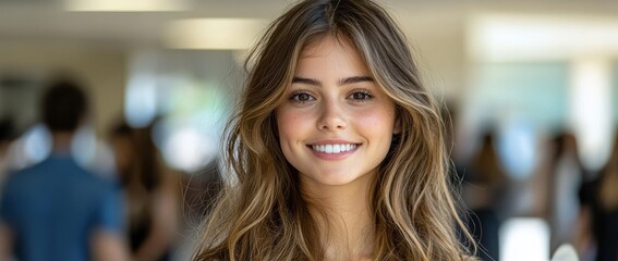 In a vibrant, modern office, a smiling woman radiates professionalism and a lively corporate atmosphere