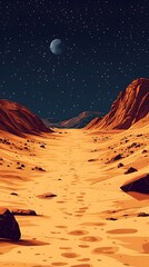 A stunning digital landscape depicting a Martian terrain under a starry sky. The reddish hues and rock formations add a sense of depth and alien beauty to this extraterrestrial scene.