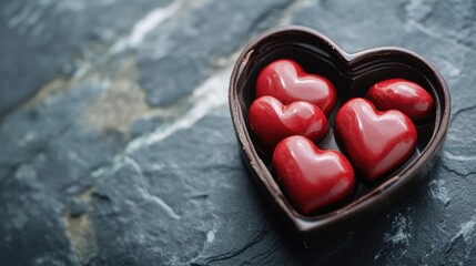 Fototapeta premium A Delightful Array of Heart-Shaped Chocolates, Exquisitely Arranged in a Luxurious Dark Box, Resting on a Sumptuous Gray Marble Surface, Evoking a Sense of Elegance and Indulgence