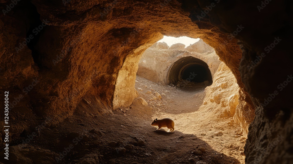 Poster a hamster curiously exploring a new tunnel, with room in the frame for text or additional graphic el