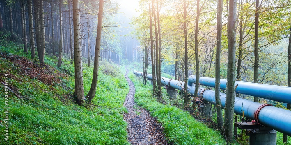 Poster carbon footprint pollution action concept. peaceful forest path with blue pipelines under soft morni