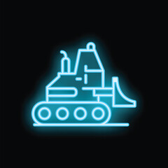 Blue glowing neon icon of heavy construction equipment, a bulldozer excavator, on a black background