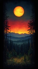 A stunning sunset in a dense forest, featuring silhouette of evergreen trees against radiant hues of orange, pink, and purple sky, creating a serene and mystical atmosphere.