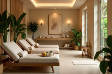 Pleasant stylish interior of the spa salon. Cozy, intimate, relaxing atmosphere. Subdued lighting, candles, fresh towels, an atmosphere of rest, relaxation, care and concern for your body.