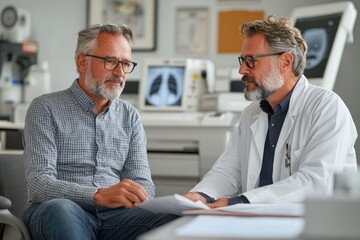 Doctor and patient discussing a medical exam in a hospital office