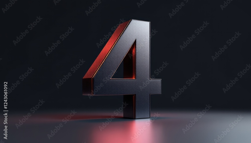 Poster dark metallic number four with red glowing edges, 3d rendered digit, abstract number concept, modern