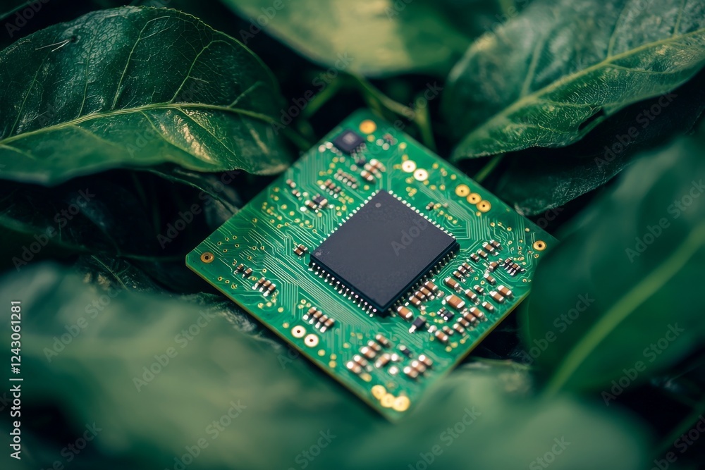 Poster a green leaf embedded in a computer circuit board symbolizes the fusion of green technology and envi