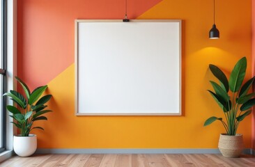 Mock up: Large white empty picture in a frame on a bright colorful wall, in a modern stylish minimalist interior of a fitness room. Place for inserting your advertisement, empty space for text