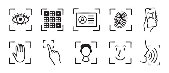 biometric scanning icon set. Identification individual by eye, fingerprint, or pass doodle hand drawn icon. Outline drawing ID verification line clipart symbol