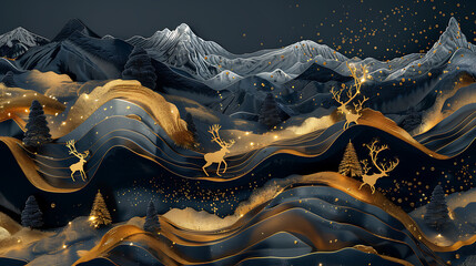 3d modern art mural wallpaper night landscape, white clouds with dark background. Golden Christmas tree, mountain, golden deer, light moon, golden and black waves. for wall decoration