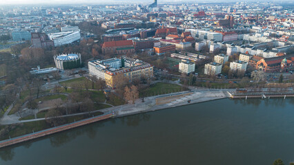 Panorama of the city of Wroclaw, central part. View from drone