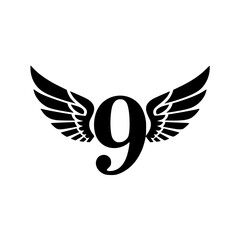 Obraz premium Winged Number 9 Black Logo Design, Black number 9 with symmetrical wings, creating a bold and stylish logo. Ideal for branding, aviation, completion, sports, or business identity. 