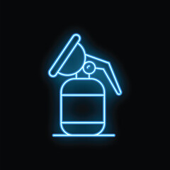 Neon blue icon of a breast pump glowing on a black background