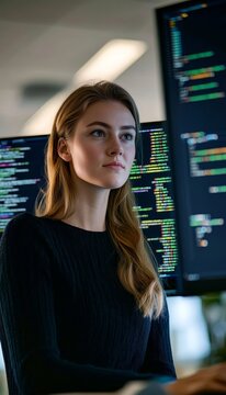 Focused Female Developer Working with Code on a SaaS Platform in a High-Tech Office Environment