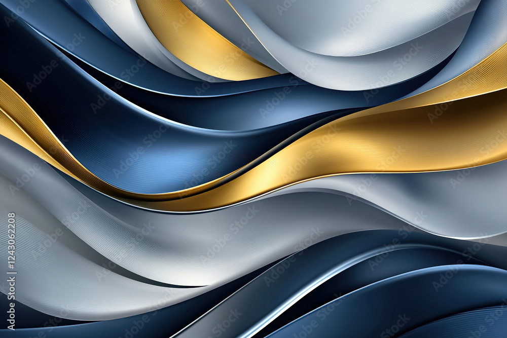 Poster flowing patterns of blue, gold, and silver fabric create an elegant and modern visual texture in abs